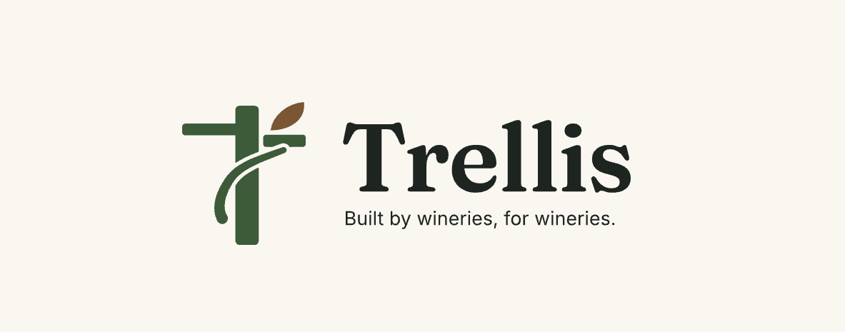 Trellis logo: a trellis post with a vine and a leaf, and the tagline “Built by wineries, for wineries.”